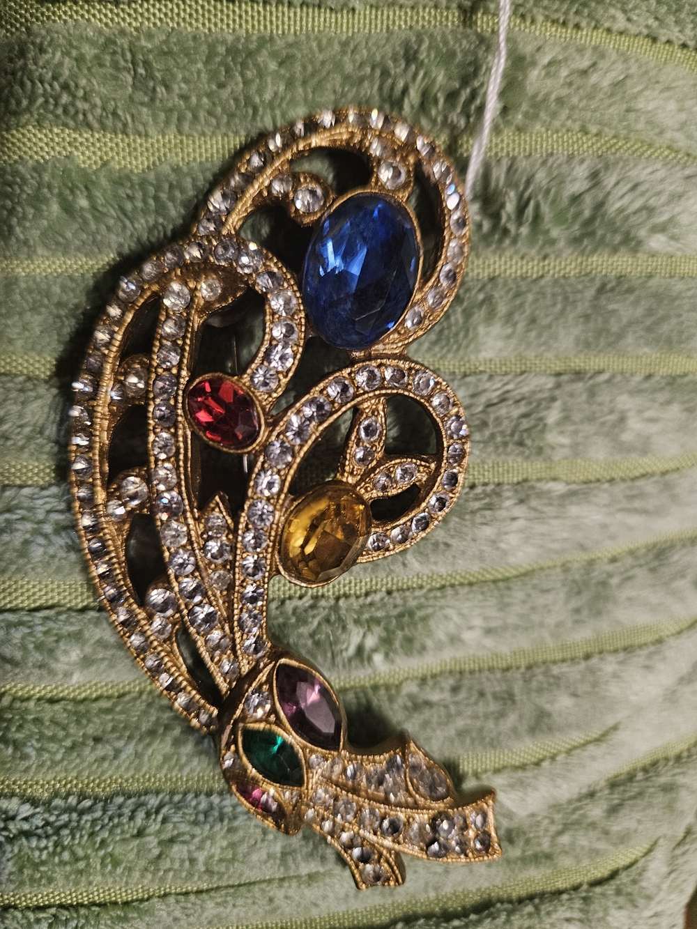 Antique Gold-Tone Multi-Gem Statement Brooch - Blue, Red, Yellow, Green, Purple